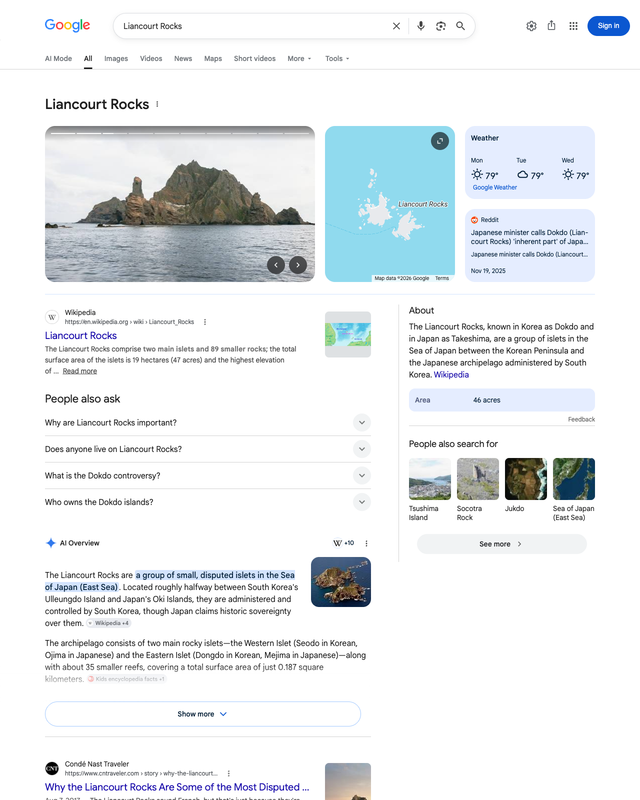 Liancourt Rocks 영어 검색 결과. 여행 매체와 커뮤니티가 상위이고 양측 공식 자료는 두드러지지 않는다